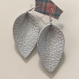 Genuine leather metallic silver petal leaf earring